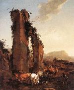 BERCHEM, Nicolaes Peasants with Cattle by a Ruined Aqueduct painting